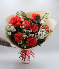 Букет №162 из розы французской, маттиолы, эустомы и альстромерии